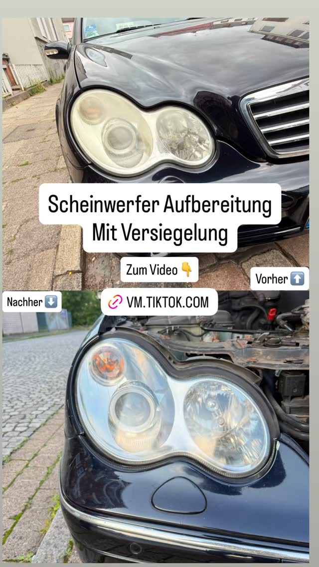 Mercedes C-Klasse Scheinwerfer, oben vergilbt, unten nach der Aufbereitung wieder klar